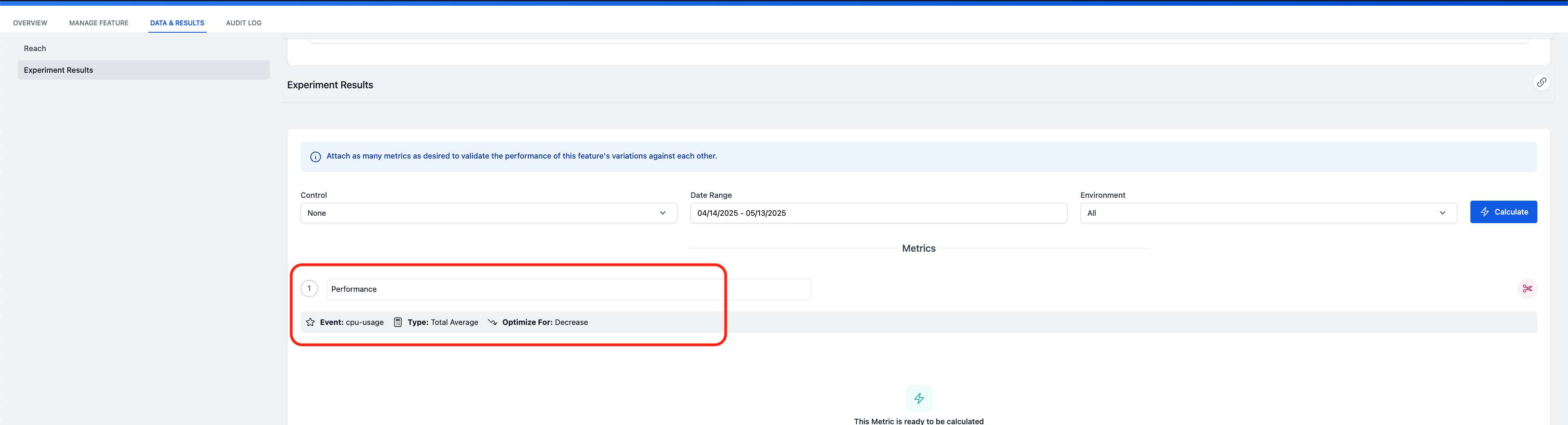 &quot;Metric Testing&quot; metric selected from the metrics dropdown
